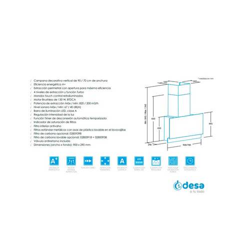 CAMPANA EDESA ECV9832GBK 90CM INOX/NEG 932271901