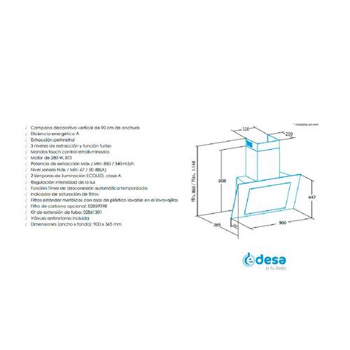 CAMPANA EDESA ECV9831GBK 90CM INOX/NEGR 932271883