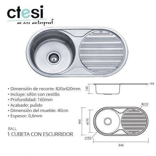 FREGADERO CTESI BALL 1-SEN 1-ESC 840X440X160 INOX