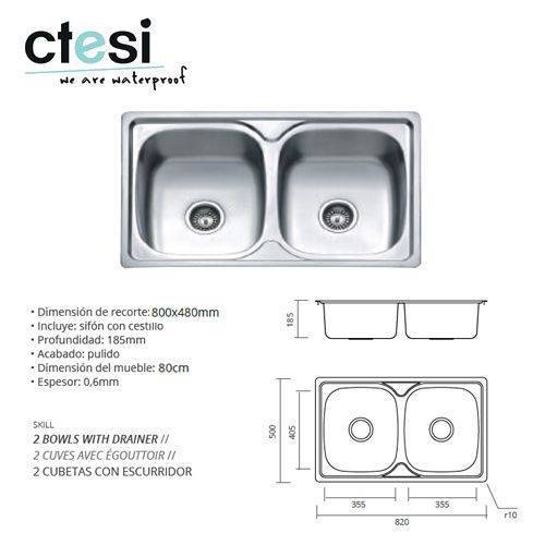 FREGADERO CTESI SKILL 2-SEN 820X500X185 INOX C/SIF